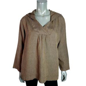 Patricia J Womens Top Size S 100% Linen Hooded Boxy Lagenlook Pullover Brown